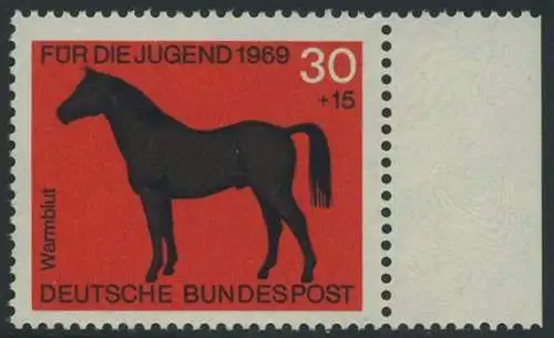 BUND 1969 Michel-Nummer 0580 postfrisch EINZELMARKE RAND rechts