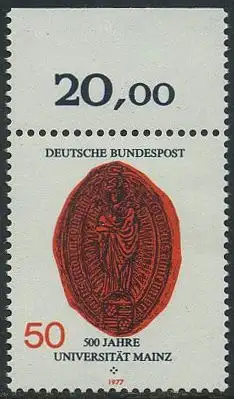 BUND 1977 Michel-Nummer 0938 postfrisch EINZELMARKE RAND oben (a)