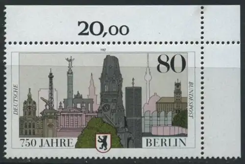 BUND 1987 Michel-Nummer 1306 postfrisch EINZELMARKE ECKRAND oben rechts