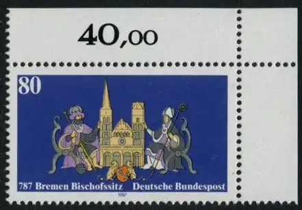 BUND 1987 Michel-Nummer 1329 postfrisch EINZELMARKE ECKRAND oben rechts