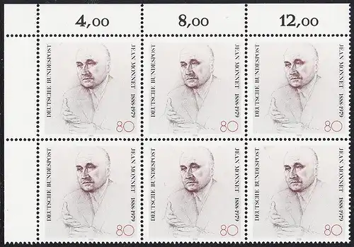 BUND 1988 Michel-Nummer 1372 postfrisch horiz.BLOCK(6) ECKRAND oben links