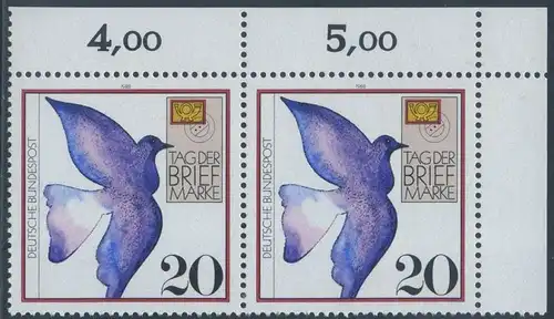 BUND 1988 Michel-Nummer 1388 postfrisch horiz.PAAR ECKRAND oben rechts