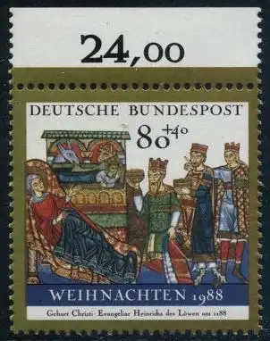 BUND 1988 Michel-Nummer 1396 postfrisch EINZELMARKE RAND oben