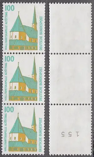 BUND 1989 Michel-Nummer 1406 postfrisch vert.STRIP(3) m/ rücks.Rollennummer 155