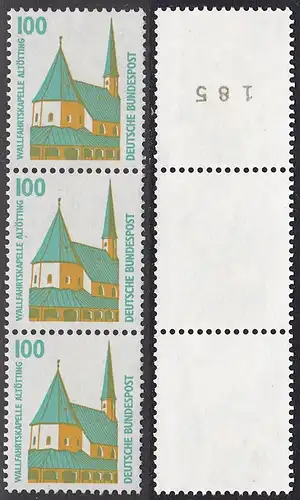 BUND 1989 Michel-Nummer 1406 postfrisch vert.STRIP(3) m/ rücks.Rollennummer 185