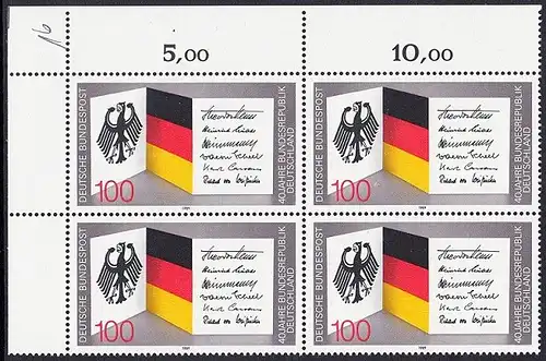 BUND 1989 Michel-Nummer 1421 postfrisch BLOCK ECKRAND oben links