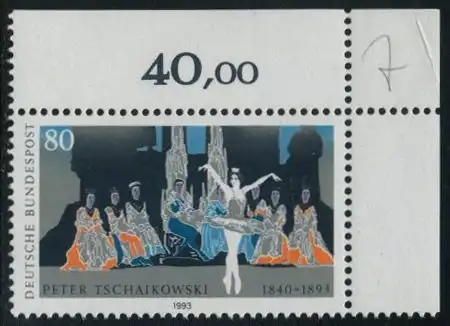 BUND 1993 Michel-Nummer 1702 postfrisch EINZELMARKE ECKRAND oben rechts (b)