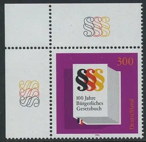 BUND 1996 Michel-Nummer 1874 postfrisch EINZELMARKE ECKRAND oben links