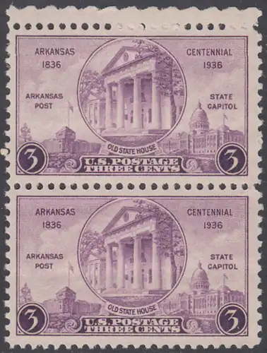 USA Michel 0387 / Scott 0782 postfrisch vert.PAAR RAND oben - 100 Jahre Staat Arkansas: „Arkansas Post“, altes und neues Regierungsgebäude in Little Rock, AK