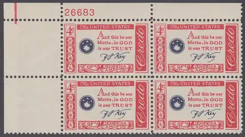 USA Michel 0769 / Scott 1142 postfrisch PLATEBLOCK ECKRAND oben links m/Platten-# 26683 (b) - Amerikanisches Credo mit Aussprüchen berühmter Amerikaner (Francis Scott Key)