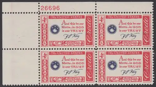 USA Michel 0769 / Scott 1142 postfrisch PLATEBLOCK ECKRAND oben links m/Platten-# 26696 (b) - Amerikanisches Credo mit Aussprüchen berühmter Amerikaner (Francis Scott Key)