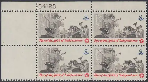 USA Michel 1094 / Scott 1477 postfrisch PLATEBLOCK ECKRAND oben links m/ Platten-# 34123 - 200 Jahre Unabhängigkeit der Vereinigten Staaten von Amerika (1976): Nachrichtenwesen zur Kolonialzeit; Anschlagen eines Flugblattes