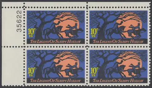 USA Michel 1158 / Scott 1548 postfrisch PLATEBLOCK ECKRAND oben links m/ Platten-# 35622 - Amerikanische Folklore: Legend of Sleepy Hollow 