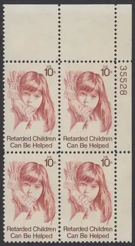 USA Michel 1159 / Scott 1549 postfrisch PLATEBLOCK ECKRAND oben rechts m/ Platten-# 35528 (a) - Hilfe für behinderte Kinder