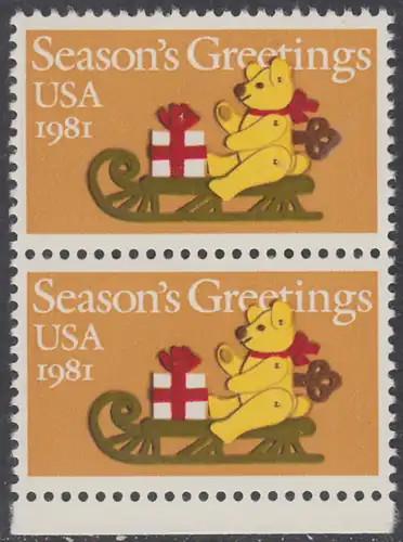 USA Michel 1514 / Scott 1940 postfrisch vert.PAAR RAND unten - Weihnachten: Teddybär auf Schlitten