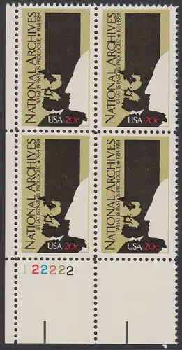 USA Michel 1689 / Scott 2081 postfrisch PLATEBLOCK ECKRAND unten links m/ Platten-# 122222 - 50 Jahre Nationalarchiv