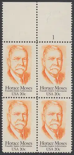 USA Michel 1704 / Scott 2095 postfrisch BLOCK RÄNDER oben m/ Platten-# 1 - Horace A. Moses, Industrieller und Philanthrop