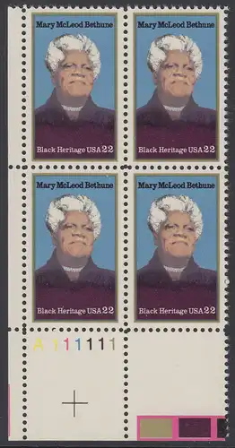 USA Michel 1729 / Scott 2137 postfrisch PLATEBLOCK ECKRAND unten links m/ Platten-# A111111 - Schwarzamerikanisches Erbe: Mary McLeod Bethun, Lehrerin