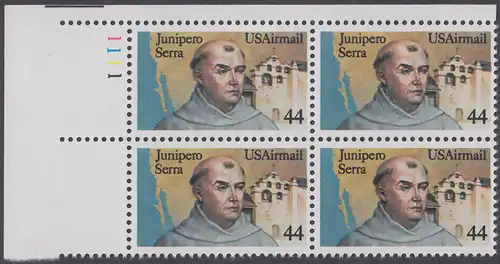 USA Michel 1764 / Scott C116 postfrisch PLATEBLOCK ECKRAND oben links m/ Platten-# 1111 (b) - Luftpost: Pater Junipero Serra, spanischer Missionar, Gründer von San Diego, San Francisco und anderen Missionen