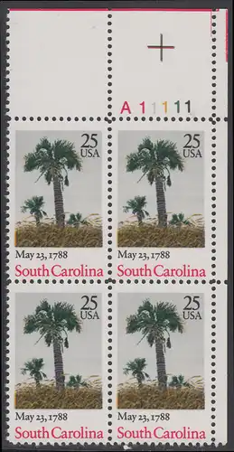 USA Michel 1979 / Scott 2343 postfrisch PLATEBLOCK ECKRAND oben rechts m/ Platten-# A11111 (a) - 200. Jahrestag der Ratifizierung der Verfassung durch den Staat South Carolina: Palmen am Strand