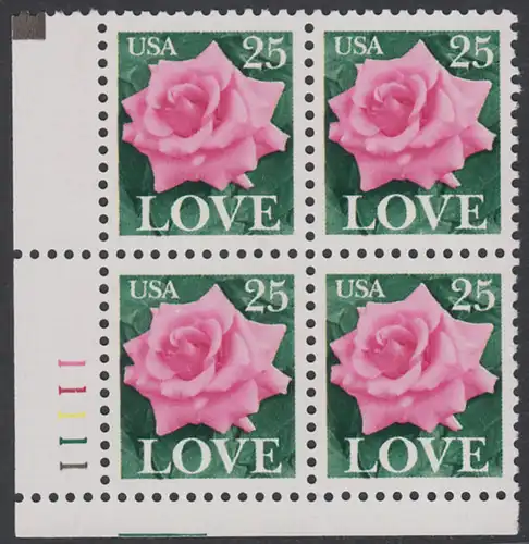 USA Michel 1988 / Scott 2378 postfrisch PLATEBLOCK ECKRAND unten links m/ Platten-# 11111 - Grußmarke: Rose
