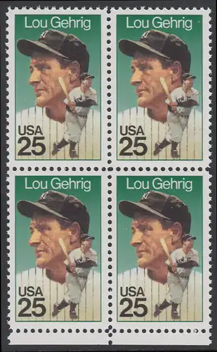 USA Michel 2043 / Scott 2417 postfrisch BLOCK RÄNDER unten - Sportler: Henry Louis Lou Gehrig (1903-1941), Baseballspieler