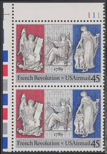 USA Michel 2044 / Scott C120 postfrisch vert.PAAR ECKRAND oben links m/ Platten-# 111 - Luftpostmarke: 200. Jahrestag der Französischen Revolution; Sinnbilder für Freiheit, Gleichheit und Brüderlichkeit