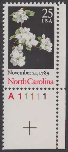 USA Michel 2047 / Scott 2347 postfrisch EINZELMARKE ECKRAND unten rechts m/ Platten-# A11111 - 200. Jahrestag der Ratifizierung der Verfassung durch den Staat North Carolina: Hartriegelblüten