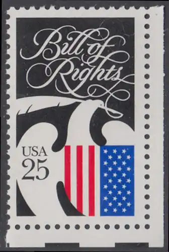 USA Michel 2050 / Scott 2421 postfrisch EINZELMARKE ECKRAND unten rechts - 200 Jahre Bill of Rights: Wappenadler mit Schreibfeder und Landesfarben