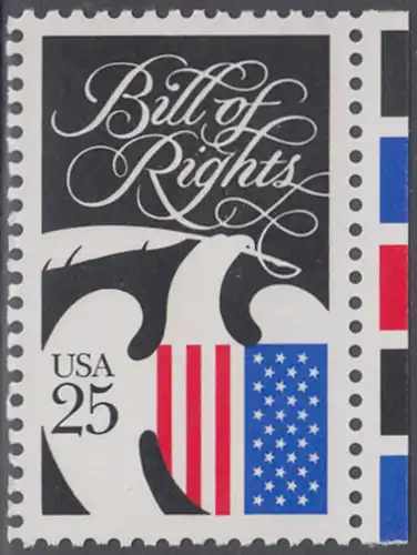 USA Michel 2050 / Scott 2421 postfrisch EINZELMARKE RAND rechts (a3) - 200 Jahre Bill of Rights: Wappenadler mit Schreibfeder und Landesfarben