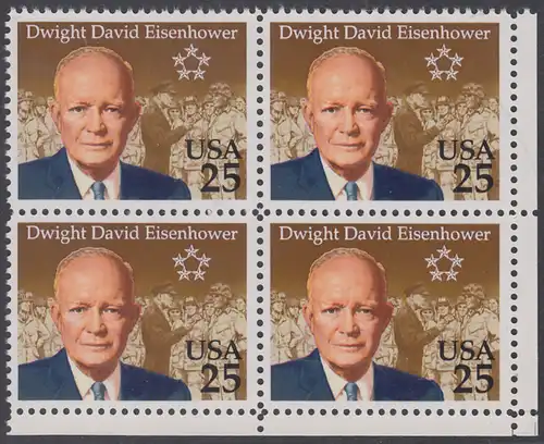 USA Michel 2113 / Scott 2513 postfrisch BLOCK ECKRAND unten rechts - 100. Geburtstag von Dwight David Eisenhower (1890-1969), 34. Präsident (reg. 1953-1961)