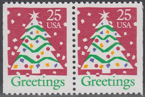 USA Michel 2115D / Scott 2516a postfrisch horiz.PAAR (rechts & links ungezähnt) - Weihnachten: Weihnachtsbaum