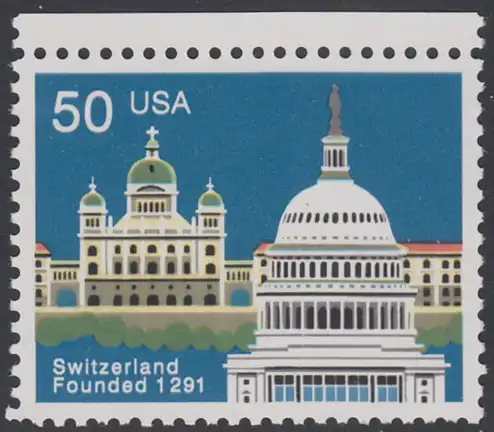 USA Michel 2120 / Scott 2532 postfrisch EINZELMARKE RAND oben - 700 Jahre Schweizerische Eidgenossenschaft: Verbindungen Schweiz - USA: Bundeshaus, Bern; Kapitol, Washington, DC