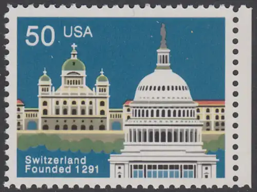 USA Michel 2120 / Scott 2532 postfrisch EINZELMARKE RAND rechts - 700 Jahre Schweizerische Eidgenossenschaft: Verbindungen Schweiz - USA: Bundeshaus, Bern; Kapitol, Washington, DC