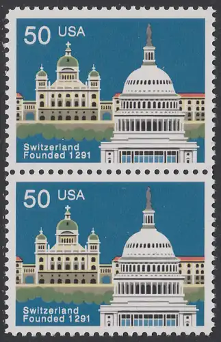 USA Michel 2120 / Scott 2532 postfrisch vert.PAAR - 700 Jahre Schweizerische Eidgenossenschaft: Verbindungen Schweiz - USA: Bundeshaus, Bern; Kapitol, Washington, DC