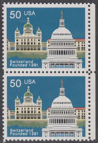 USA Michel 2120 / Scott 2532 postfrisch vert.PAAR RAND rechts - 700 Jahre Schweizerische Eidgenossenschaft: Verbindungen Schweiz - USA: Bundeshaus, Bern; Kapitol, Washington, DC