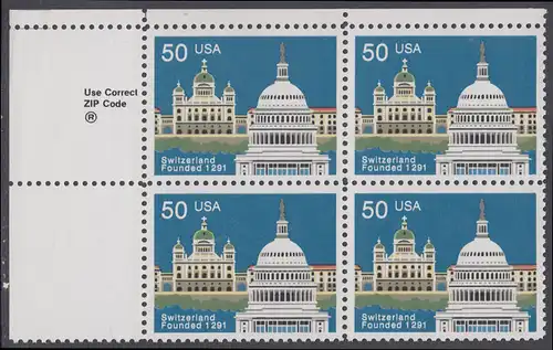 USA Michel 2120 / Scott 2532 postfrisch ZIP-BLOCK (ul) - 700 Jahre Schweizerische Eidgenossenschaft: Verbindungen Schweiz - USA: Bundeshaus, Bern; Kapitol, Washington, DC