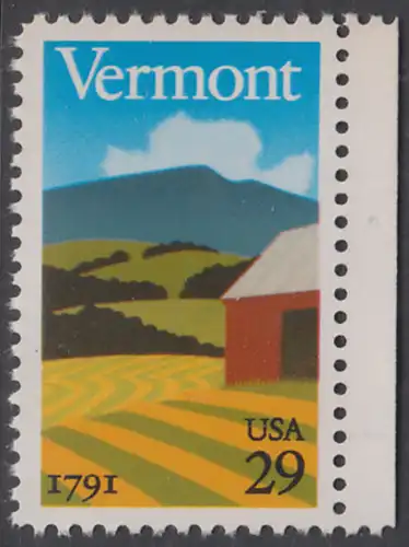 USA Michel 2121 / Scott 2533 postfrisch EINZELMARKE RAND rechts - 200 Jahre Staat Vermont: Landschaft in Vermont