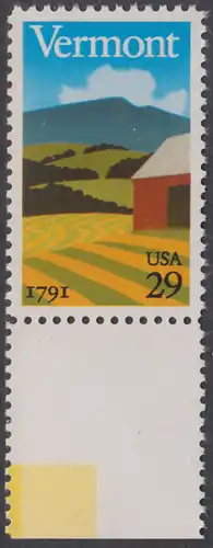 USA Michel 2121 / Scott 2533 postfrisch EINZELMARKE RAND unten - 200 Jahre Staat Vermont: Landschaft in Vermont