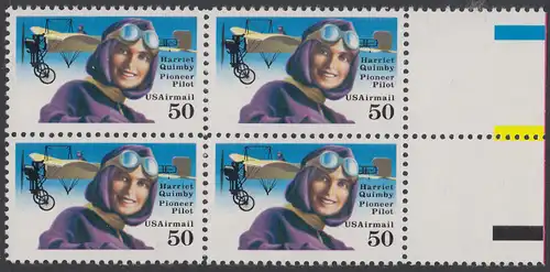 USA Michel 2130 / Scott C128 postfrisch BLOCK RÄNDER rechts - Luftpostmarke: Flugpioniere, Harriet Quimby (1884-1912), Journalistin und Pilotin; Blériot-XI-Eindecker