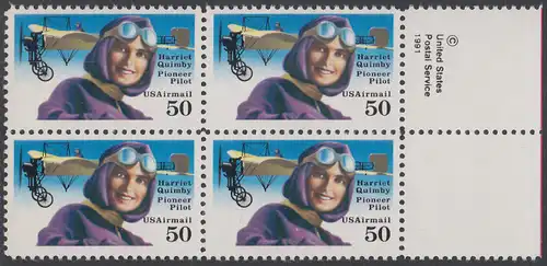 USA Michel 2130 / Scott C128 postfrisch BLOCK RÄNDER rechts m/ copyright symbol - Luftpostmarke: Flugpioniere, Harriet Quimby (1884-1912), Journalistin und Pilotin; Blériot-XI-Eindecker