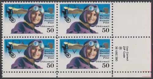 USA Michel 2130 / Scott C128 postfrisch ZIP-BLOCK (lr) - Luftpostmarke: Flugpioniere, Harriet Quimby (1884-1912), Journalistin und Pilotin; Blériot-XI-Eindecker