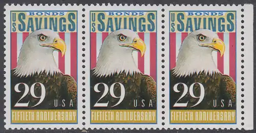 USA Michel 2131 / Scott 2534 postfrisch horiz.STRIP(3) RAND rechts - 50 Jahre Amerikanische Bundesobligationen: Weißkopfseeadler, Flagge