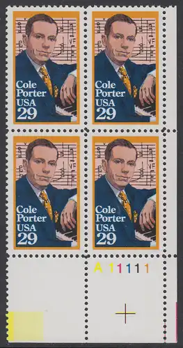 USA Michel 2146 / Scott 2550 postfrisch PLATEBLOCK ECKRAND unten rechts m/ Platten-# A11111 - 100. Geburtstag von Cole Porter  (1891-1964), Komponist