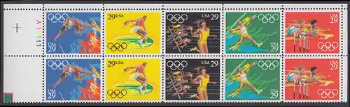 USA Michel 2155-2159 / Scott 2553-2557 postfrisch horiz.PLATEBLOCK(10) ECKRAND oben links m/ Platten-# A11111 - Olympische Sommerspiele 1992, Barcelona