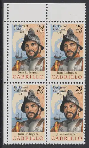 USA Michel 2322 / Scott 2704 postfrisch BLOCK ECKRAND oben links - 450. Jahrestag der Entdeckung von Kalifornien: Juan Rodriguez Cabrillo (1499-1543), Entdecker von Kalifornien