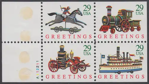 USA Michel 2329G-2332G / Scott 2718a postfrisch Markenheftchenblatt(4) RÄNDER links m/ Platten-# 112211 (a3) - Weihnachten: Kinderspielzeug