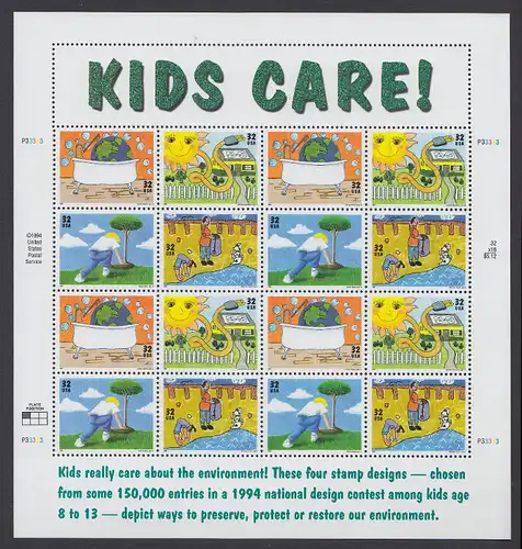 USA Michel 2553-2556 / Scott 2950-2954 postfrisch BOGEN(16)  - Umwelttag: Kinderzeichnungen