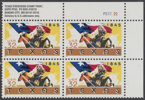 USA Michel 2575 / Scott 2968 postfrisch PLATEBLOCK ECKRAND oben rechts m/ Platten-# P222222 (a) - 150 Jahre Staat Texas: Reiter mit texanischer Fahne