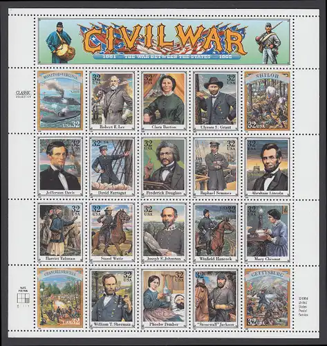USA Michel 2583-2602 / Scott 2975 postfrisch BOGEN(20) (a6) - Persönlichkeiten und Darstellungen aus dem amerikanischen Bürgerkrieg (1861-1865)